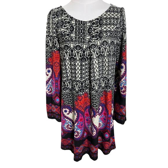 Y2K Boho Paisley Tunic Dress L Black Red Purple Long Sleeve Empire Waist Retro - Picture 2 of 11